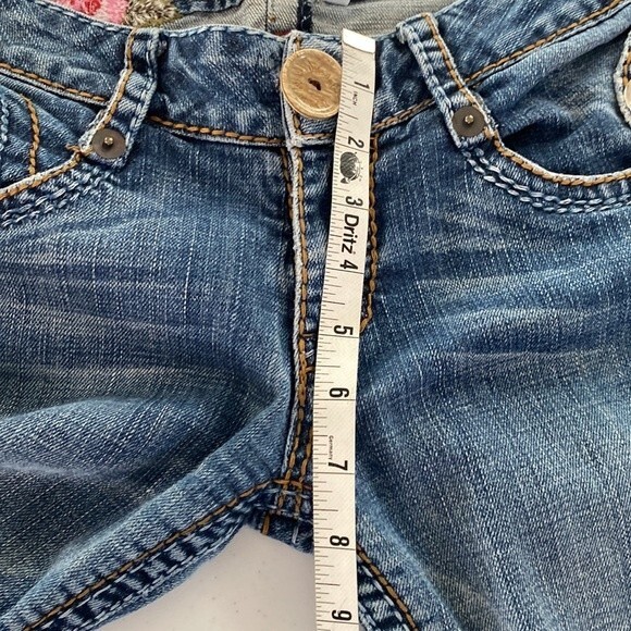 Blue Tattoo Low Rise Bootcut Distressed Jeans Big Stitch Embroidered Rose Logo - Picture 14 of 16